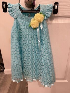 Rare Editions Light Blue Lace Dress with Yellow Flower Accents